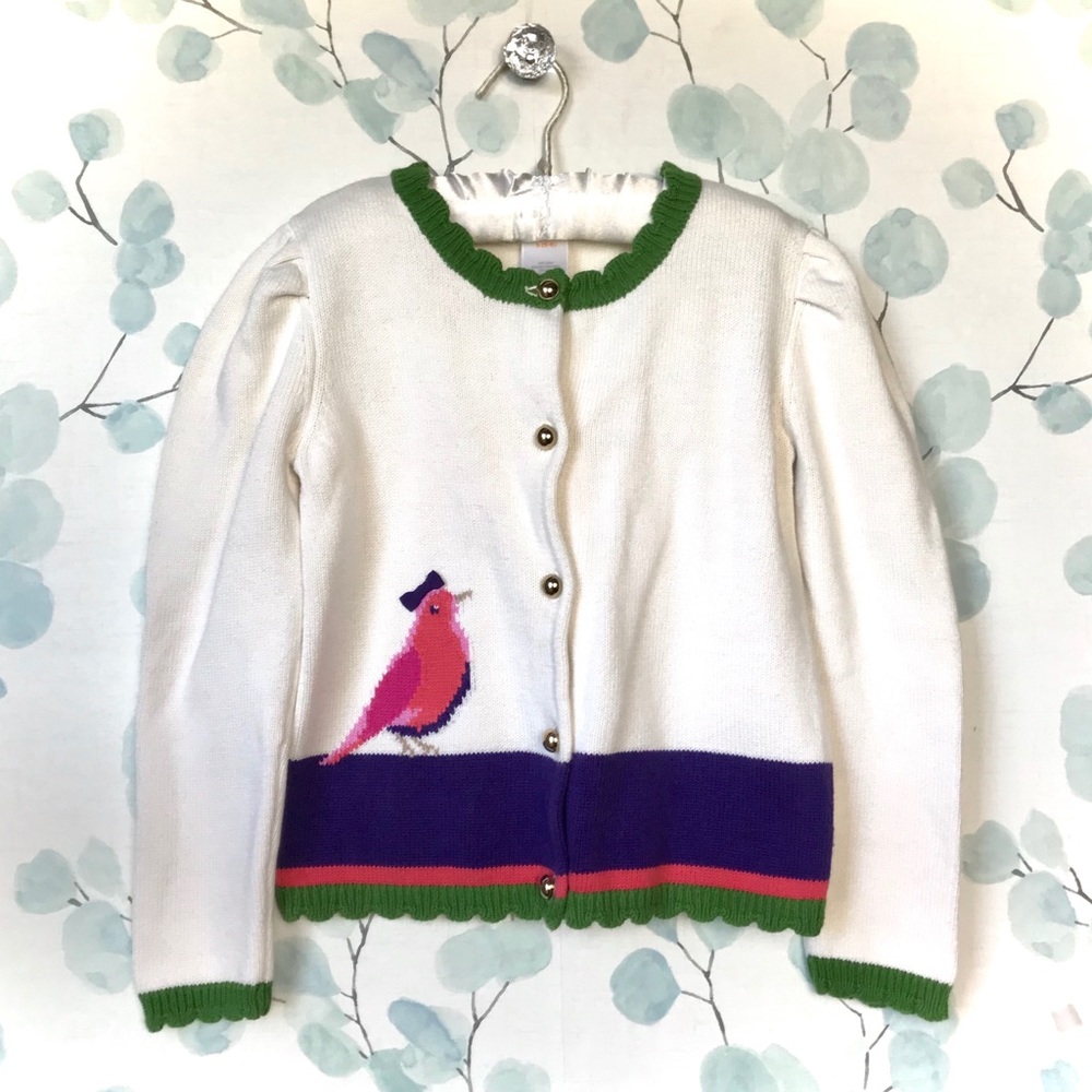 Gymboree Kids Cream Cardigan Knit Sweater Gold Buttons, Pink Bird & Purple Bow - Picture 1 of 13